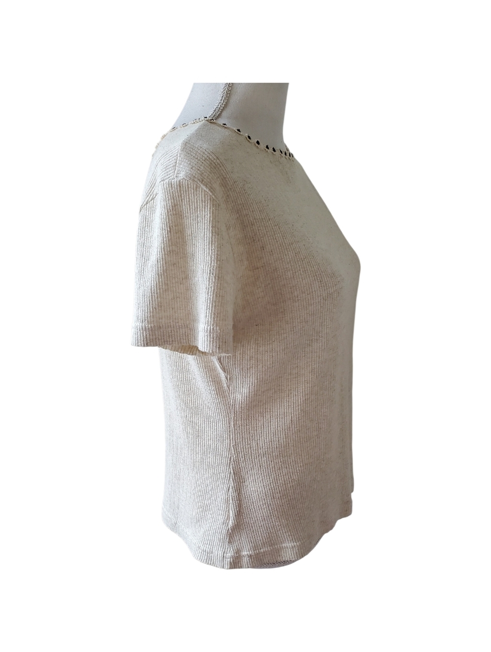 Francine B 90's Ribbed Knit Top Oatmeal Short Sleeve Flower Trim Neckline Size L - Picture 6 of 8